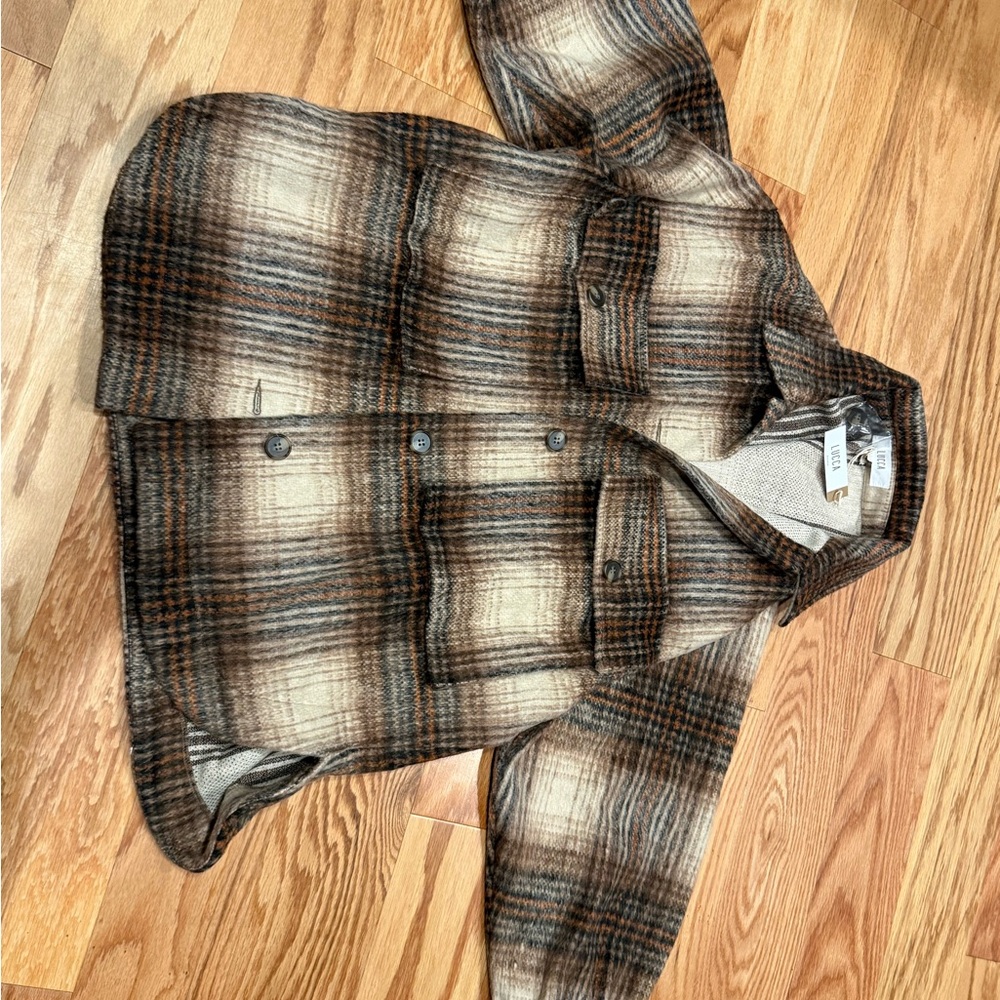Women’s Lucca Flannel Plaid Shacket in Brown and Cream- size Large, NWT